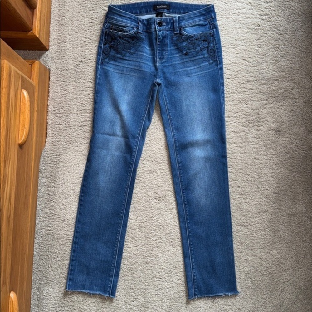 White House Black Market Blue raw hem Ankle Jeans with black details